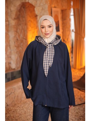 İmaj Butik Lacivert Ekose Bağlamalı Kapüşonlu Ceket