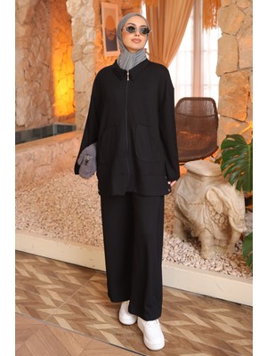 İmaj Butik Siyah Fermuarlı Tunik Pantolonlu Modal Takım