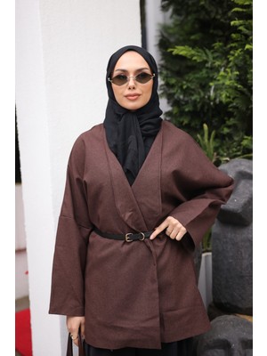 İmaj Butik Kahverengi Kemerli Kruvaze Yaka Salaş Ceket