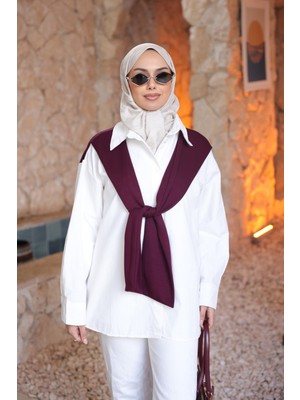 İmaj Butik Beyaz Mürdüm Atkı Detaylı Oversize Garnili Gömlek