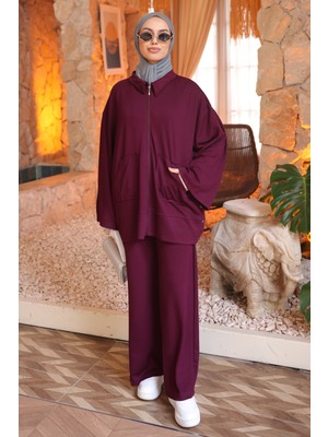 İmaj Butik Mürdüm Fermuarlı Tunik Pantolonlu Modal Takım