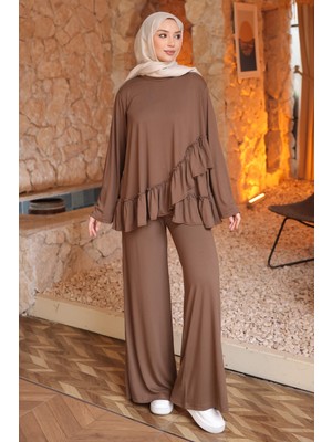 İmaj Butik Kahverengi Eteği Fırfırlı Tunik Pantolonlu Modal Takım