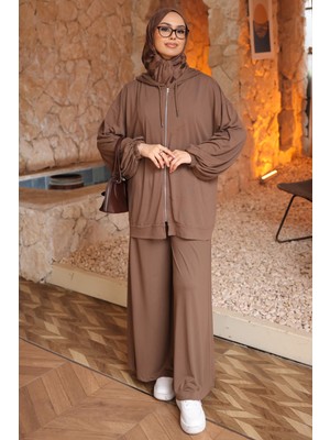 İmaj Butik Kahverengi Fermuarlı Kapüşonlu Tunik Pantolonlu Modal Takım