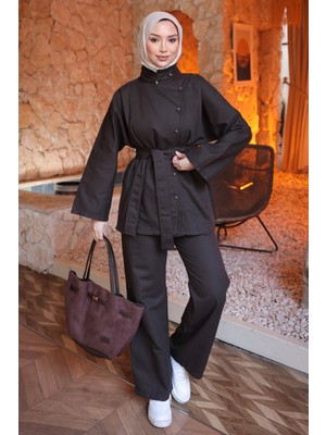 İmaj Butik Kahverengi Kuşaklı Ceket Pantolonlu Gabardin Takım