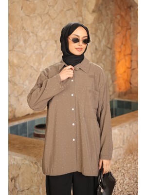 İmaj Butik Haki Tek Cepli Taşlı Salaş Gömlek