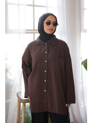İmaj Butik Kahverengi Tek Cepli Taşlı Salaş Gömlek