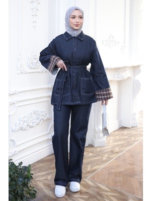 İmaj Butik Lacivert Kuşaklı Ceket Pantolonlu Kot Takım