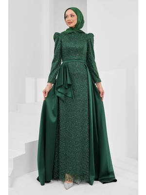 İmaj Butik Zümrüt Yeşili Kuyruklu Boncuk Işlemeli Saten Abiye