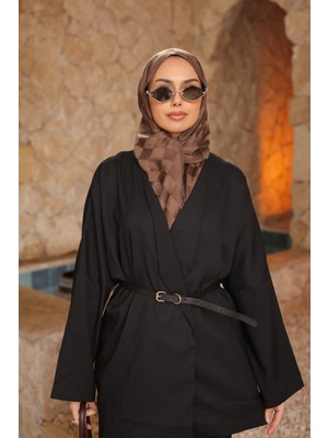 İmaj Butik Siyah Kemerli Kruvaze Yaka Salaş Ceket