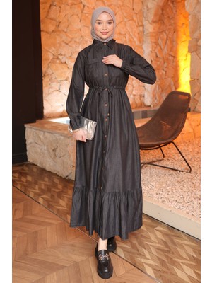 İmaj Butik Antrasit Bel Bağlamalı Eteği Katlı Kot Elbise