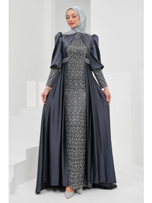İmaj Butik Füme Kuyruklu Boncuk Işlemeli Saten Abiye