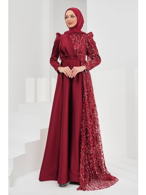 İmaj Butik Bordo Önü Drapeli Pul Payetli Saten Abiye