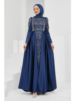 İmaj Butik Lacivert Önü Taşlı Saten Abiye