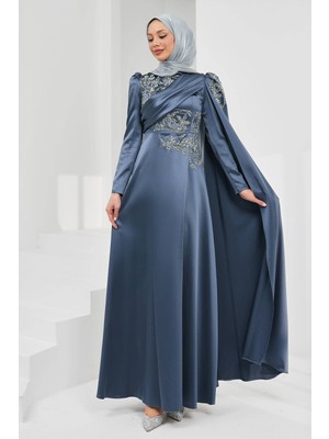 İmaj Butik Füme Omuz Pelerrinli Taşlı Saten Abiye