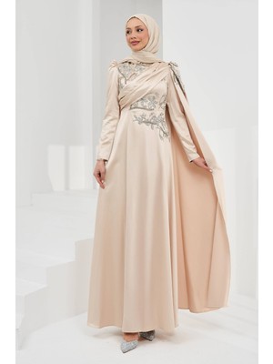 İmaj Butik Bej Omuz Pelerrinli Taşlı Saten Abiye
