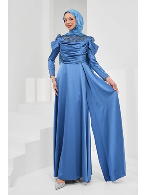 İmaj Butik Indigo Önü Drapeli Taşlı Saten Abiye