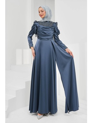 İmaj Butik Füme Önü Drapeli Taşlı Saten Abiye