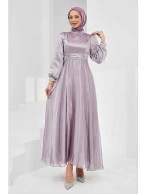 İmaj Butik Lila Yaka Bel Taşlı Balon Kol Abiye