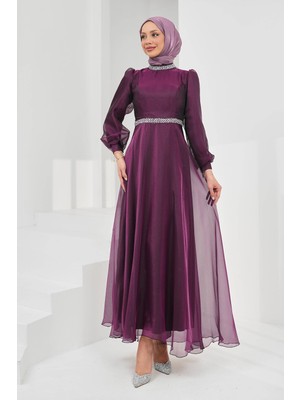 İmaj Butik Mor Yaka Bel Taşlı Balon Kol Abiye