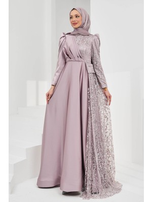 İmaj Butik Gül Kurusu Önü Drapeli Pul Payetli Saten Abiye