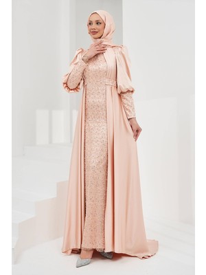 İmaj Butik Pudra Kuyruklu Boncuk Işlemeli Saten Abiye