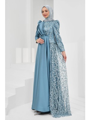 İmaj Butik Indigo Önü Drapeli Pul Payetli Saten Abiye
