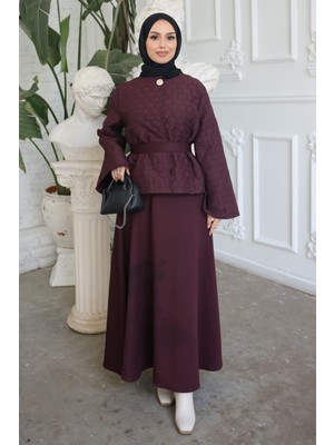 İmaj Butik Bordo Kuşaklı Ceket Etekli Takım