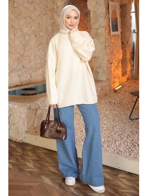 İmaj Butik Krem Bisiklet Yaka Oversize Triko Kazak