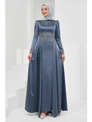 İmaj Butik Füme Önü Taşlı Saten Abiye