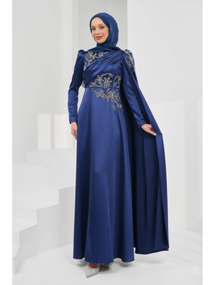 İmaj Butik Lacivert Omuz Pelerrinli Taşlı Saten Abiye