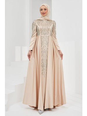 İmaj Butik Bej Önü Taşlı Saten Abiye