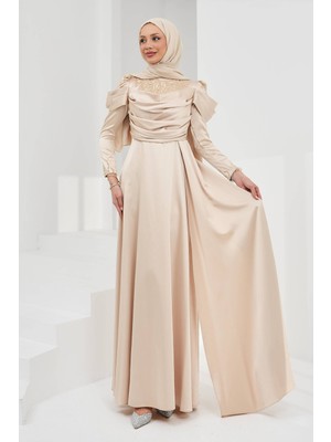 İmaj Butik Bej Önü Drapeli Taşlı Saten Abiye