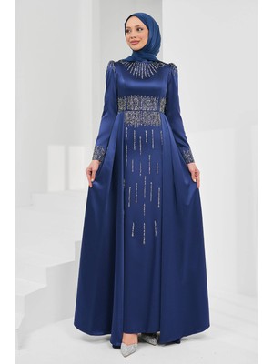 İmaj Butik Lacivert Önü Taşlı Saten Abiye
