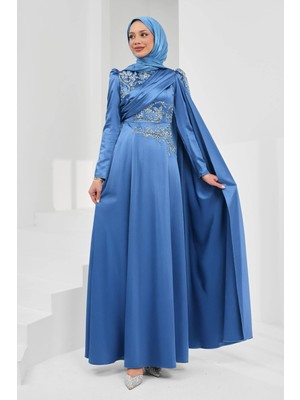İmaj Butik Indigo Omuz Pelerrinli Taşlı Saten Abiye