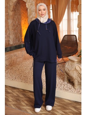 İmaj Butik Lacivert Garnili Kapüşonlu Tunik Pantolonlu Takım