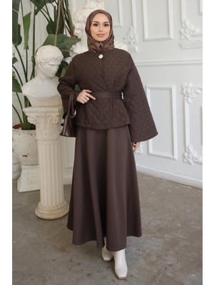İmaj Butik Kahverengi Kuşaklı Ceket Etekli Takım