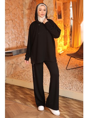 İmaj Butik Siyah Garnili Kapüşonlu Tunik Pantolonlu Takım