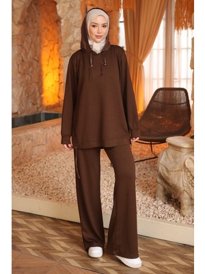 İmaj Butik Kahverengi Garnili Kapüşonlu Tunik Pantolonlu Takım