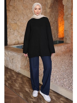 İmaj Butik Siyah Bisiklet Yaka Oversize Triko Kazak
