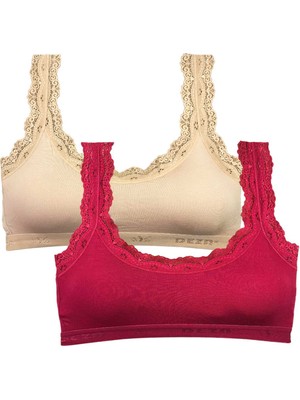 Royaleks 2 Adet Dantel Nakış Işlemeli Pedli Bambu Kadın Büstiyer Ten Bordo