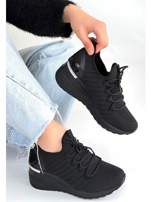 Zerenyus Weor Premium Siyah Triko Bağcıklı Kadın Dolgu Topuklu Sneaker