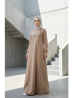 Asimetrik Fermuarlı Tesettür Elbise 71140-01 Bej