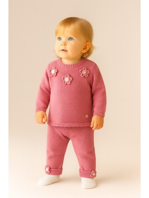 Eray Kids Kız Bebek Pamuklu Tüylenme Yapmayan Çiçek Detaylı Örme Triko Alt - Üst Takım (6-9-12-18 Aylık)