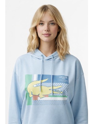 Lacoste Kadın Relaxed Fit Kapüşonlu Baskılı Açık Mavi Sweatshirt