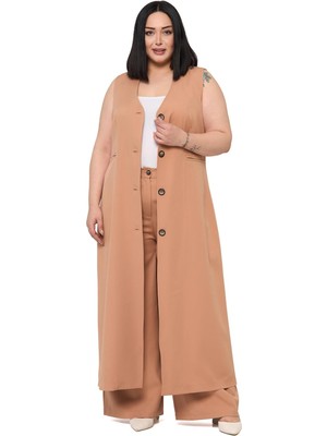 Disentis Modest Büyük Beden Maxi Yelek Pantolon Vizon Ikili Takım