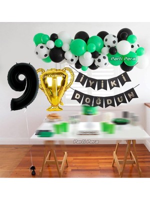 Parti Pera Futbol Tema Konsept Balon Zinciri Seti Kupa Folyo Balon Iyiki Doğdun Yazı