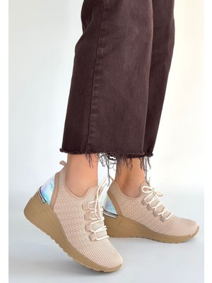 Zerenyus Weor Premium Bej Triko Bağcıklı Kadın Dolgu Topuklu Sneaker