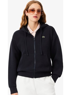 Lacoste Reguler Fit Full Zip Hoodie Cotton Sweatshirt Kadın Kapüşonlu Tam Fermuar Sweatshirt Lacivert
