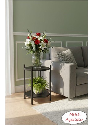 RetoDesign 2 Raflı Siyah Yuvarlak Çiçeklik ve Sehpa 2202