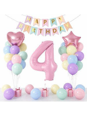 Parti Pera Makaron Balon Seti Kalp ve Yıldız Folyo Balon Pembe Rakam Folyo Balon Doğum Günü Parti Seti